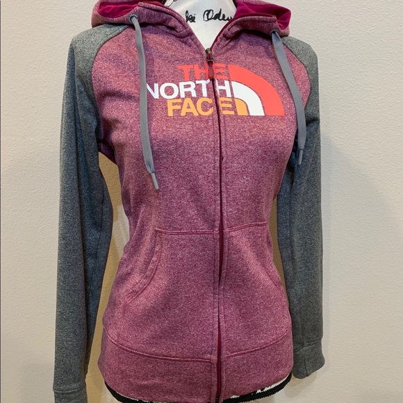North Face Logo Hoodie Zip Jacket Sweatshirt Athletic Athleisure Top Gray Pink - Picture 2 of 8